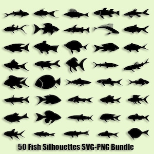 Pacote SVG de silhuetas de peixes: 50 vetores de peixes tropicais (download digital)