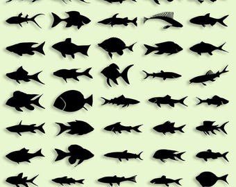 May include: A set of 50 black fish silhouettes in a variety of shapes and sizes. The silhouettes are arranged in rows and columns on a light green background. The text "50 Fish Silhouettes SVG-PNG Bundle" is at the bottom of the image.