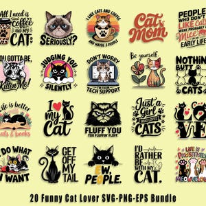面白い猫の名言 svg バンドル、陽気な猫のデザイン svg、猫好きの名言、面白い猫好き、かわいい猫のユーモア svg、猫のミーム、猫ママ、ペット好き