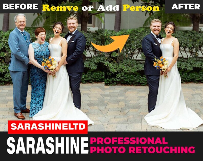 May include: Before and after photo retouching. The before image shows a group of three people, a man and two women. The after image shows only the man and one woman. The text "Remove or Add Person" is displayed above the images.