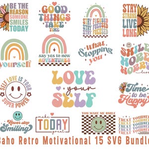 Boho Retro Motivational quotes Png Svg Bundle, Inspirational Quotes, Printable Stickers, Positive Affirmations, Self Love svg, Mental Health