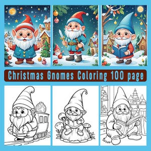Puede incluir: Un libro para colorear con gnomos navideños. La portada muestra tres gnomos en diferentes poses, uno sosteniendo un libro, otro una espada y otro un árbol de Navidad. El libro se titula "Christmas Gnomes Coloring 100 page".