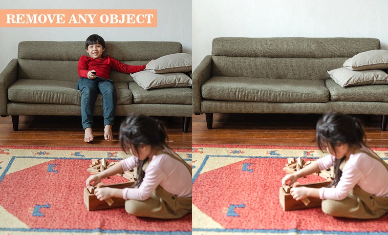 May include: Two children playing with wooden blocks on a red and blue rug in a living room. A green sofa is in the background.