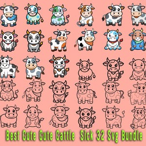 Peut inclure: Un ensemble de 32 fichiers SVG de vache de dessin anim&eacute; mignon. Les vaches sont dans diverses poses et couleurs, y compris le noir et blanc, le brun, le bleu et le vert. Certaines vaches portent des chapeaux ou des &eacute;charpes. Les vaches sont toutes souriantes et ont de grands yeux. Les fichiers SVG sont parfaits pour cr&eacute;er des artisanats, des projets et des designs.