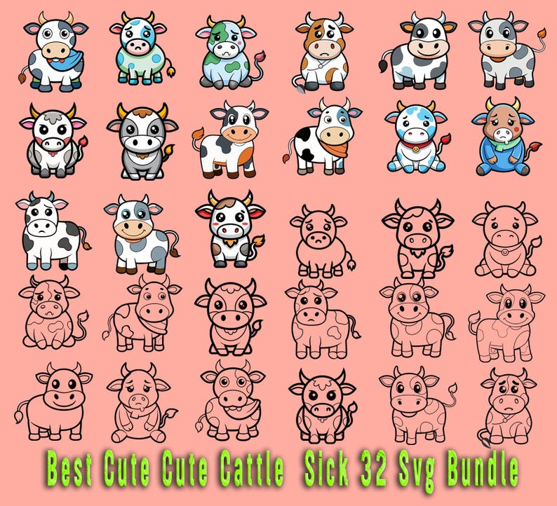 Peut inclure: Un ensemble de 32 fichiers SVG de vache de dessin anim&eacute; mignon. Les vaches sont dans diverses poses et couleurs, y compris le noir et blanc, le brun, le bleu et le vert. Certaines vaches portent des chapeaux ou des &eacute;charpes. Les vaches sont toutes souriantes et ont de grands yeux. Les fichiers SVG sont parfaits pour cr&eacute;er des artisanats, des projets et des designs.