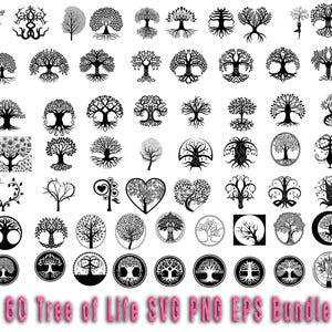 Puede incluir: Un conjunto de 60 archivos SVG, PNG y EPS de árbol de la vida en blanco y negro. Las imágenes presentan varios estilos de diseños de árbol de la vida, incluyendo formas circulares, en forma de corazón y formas de árboles tradicionales.