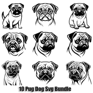 Pug SVG Bundle Cute Pug Dog Clipart Set for Cricut, Silhouette Pug Lover Gifts Digital Download Commercial Use PNG EPS Files