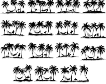 Puede incluir: Un conjunto de 15 ilustraciones en silueta negra de palmeras con hamacas y surfistas. Las ilustraciones son perfectas para crear diseños con temática de playa tropical.