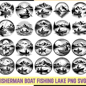 Könnte beinhalten: Ein Satz von 20 Schwarzweißillustrationen eines Fischers in einem Boot, der auf einem See angelt. Die Illustrationen sind kreisförmig mit einer Berg- und Seenszene im Hintergrund. Der Fischer hält eine Angelrute und es gibt Fische im See.