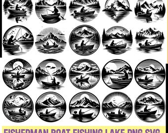 Fisherman in a boat and mountain landscape with forest, Bass Boat, Gone Fishing, Bundle svg. Cut files for Cricut svg, pdf, png, Eps,pdf 05