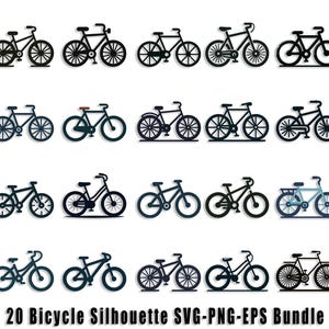 Puede incluir: Un conjunto de 20 archivos SVG, PNG y EPS de silueta de bicicleta negra. Las im&aacute;genes muestran varios dise&ntilde;os de bicicletas, incluyendo bicicletas de una sola velocidad, t&aacute;ndem y bicicletas de crucero.