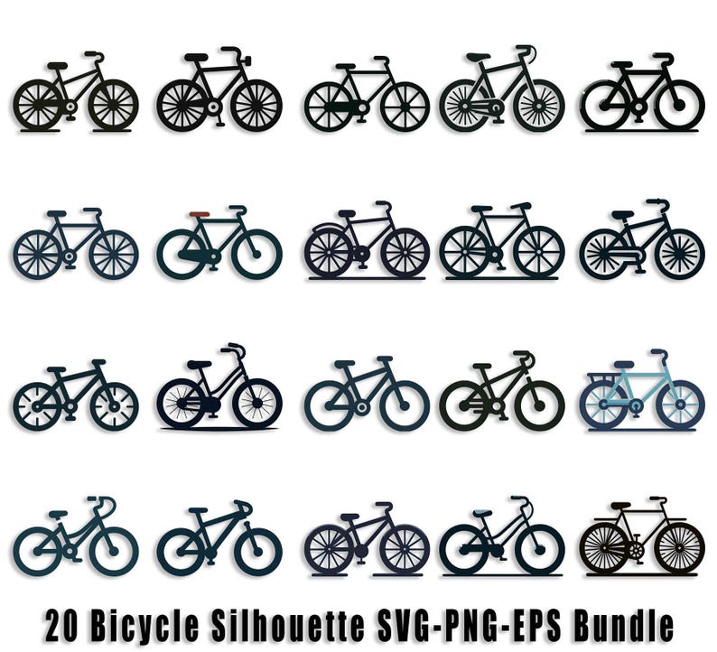 Puede incluir: Un conjunto de 20 archivos SVG, PNG y EPS de silueta de bicicleta negra. Las im&aacute;genes muestran varios dise&ntilde;os de bicicletas, incluyendo bicicletas de una sola velocidad, t&aacute;ndem y bicicletas de crucero.