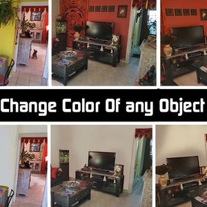 May include: A collage of six images showing different rooms with various furniture and decor. The images are arranged in a grid pattern. The top row shows a living room with a red wall, a TV, and a coffee table. The middle row shows a kitchen with a yellow wall, a table, and chairs. The bottom row shows a living room with a white wall, a TV, and a coffee table. The text "100% Change Color Of any Object Product" is displayed in the center of the collage.