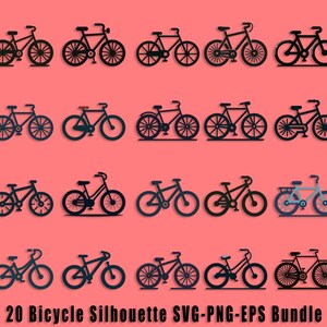 Puede incluir: Un conjunto de 20 archivos SVG, PNG y EPS de silueta de bicicleta negra. Las bicicletas son de varios estilos, incluyendo bicicletas de una sola velocidad, t&aacute;ndem y bicicletas de crucero.