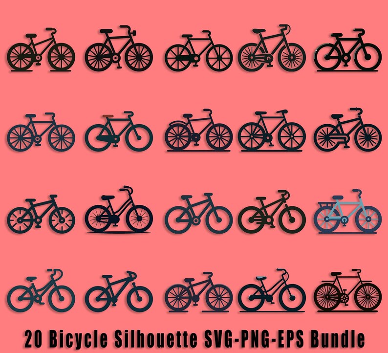 Puede incluir: Un conjunto de 20 archivos SVG, PNG y EPS de silueta de bicicleta negra. Las bicicletas son de varios estilos, incluyendo bicicletas de una sola velocidad, t&aacute;ndem y bicicletas de crucero.