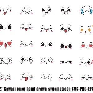 May include: Set of 27 black and white kawaii emoji hand drawn illustrations. The emojis depict various facial expressions, including happy, sad, surprised, angry, and in love.