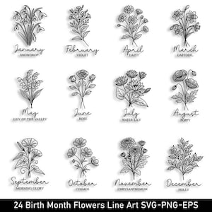 Birth Month Flower Bouquet Line ArT, Floral SVG Bundle, Floral Line Art, Hand Drawn Vector Flowers, Clipart, Birthday Flower SVG