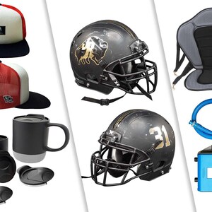 May include: A collage of various products including two black football helmets with gold accents, a gray inflatable kayak seat, a blue air pump, a blue hose, two black travel mugs with lids, and two black and white trucker hats.