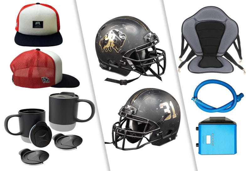 May include: A collage of various products including two black football helmets with gold accents, a gray inflatable kayak seat, a blue air pump, a blue hose, two black travel mugs with lids, and two black and white trucker hats.