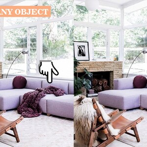 May include: A light purple sectional sofa with a burgundy throw blanket in a living room with a fireplace and large windows.