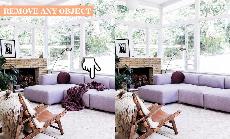 May include: A light purple sectional sofa with a burgundy throw blanket in a living room with a fireplace and large windows.