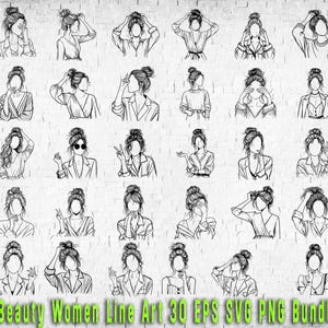 以下が含まれることがあります： さまざまなヘアスタイル、お団子、ポニーテール、三つ編みなどをした女性の白黒線画イラスト30点セット。イラストはシンプルでミニマルなスタイルで、デジタルプロジェクトや印刷プロジェクトでの使用に最適です。
