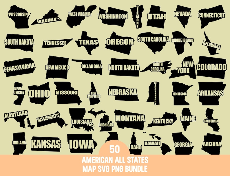 50 US States Map: America SVG PNG Bundle (digital Download) - Etsy
