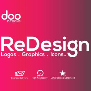 May include: A graphic design advertisement with a gradient pink and purple background. The white text reads "doo DESIGNS ReDesign Logos . Graphics . Icons.." with icons for express delivery, high availability, and satisfaction guaranteed.