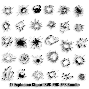 Könnte beinhalten: Ein Set mit 12 Schwarzweiß-Explosionen-Clipart-Bildern in den Formaten SVG, PNG und EPS. Die Bilder sind perfekt, um Ihren Designs einen dynamischen Effekt zu verleihen.