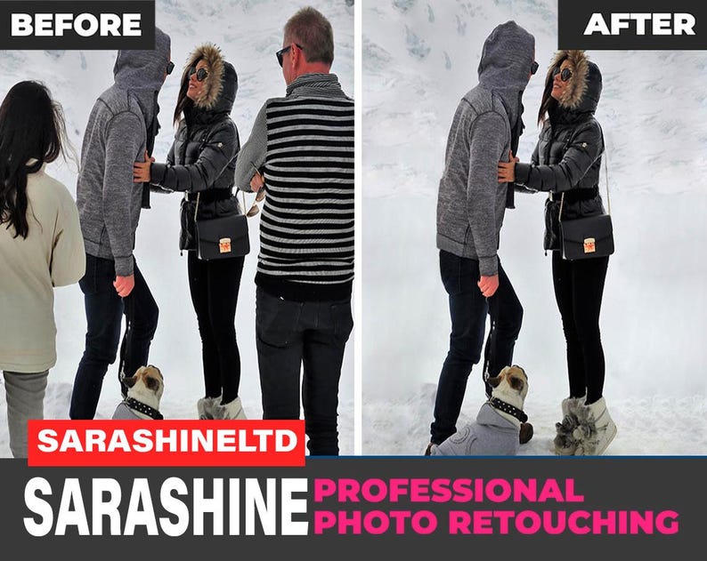 May include: Before and after photo retouching. The before image shows a group of people in a snowy landscape. The after image shows the same group of people with the background retouched to remove distractions. The text "SARASHINE PROFESSIONAL PHOTO RETOUCHING" is visible at the bottom of the image.