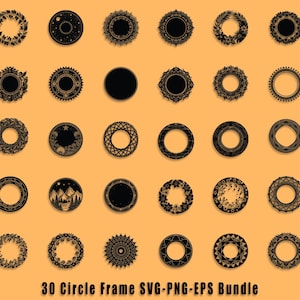 May include: A set of 30 black and white circle frames with various designs. The frames are arranged in a grid pattern on a light orange background. The text "30 Circle Frame SVG-PNG-EPS Bundle" is at the bottom of the image.