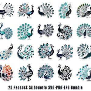 May include: A set of 20 peacock silhouette SVG, PNG, and EPS files. The peacocks are depicted in various poses with their tails spread out in a fan shape. The silhouettes are in black and blue colors.