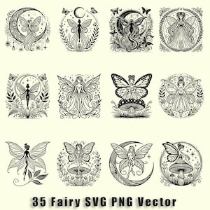 Könnte beinhalten: Set mit 10 Schwarzweiß-Feenillustrationen mit floralen und Mondmotiven. Die Feen sind mit Flügeln, fließenden Kleidern und zarten Gesichtszügen dargestellt. Die Illustrationen eignen sich perfekt für Bastel-, Scrapbooking- oder digitale Designprojekte.