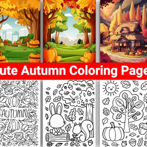 May include: Four black and white coloring pages featuring autumn themes. The first page has a pumpkin and leaves, the second has a bunny and squirrel, the third has a tree and leaves, and the fourth has a pumpkin and leaves. The text "AUTUMN" is on the first page.