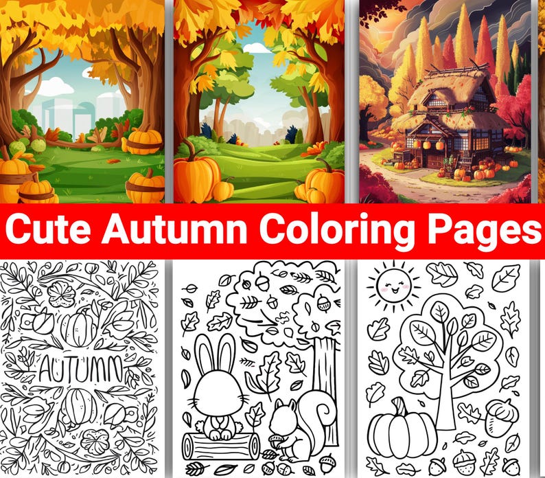 May include: Four black and white coloring pages featuring autumn themes. The first page has a pumpkin and leaves, the second has a bunny and squirrel, the third has a tree and leaves, and the fourth has a pumpkin and leaves. The text "AUTUMN" is on the first page.