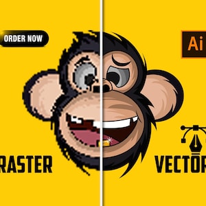 May include: A yellow background with a split image of a monkey face, one side pixelated, the other a vector illustration. Text reads "RASTER" and "VECTOR". An "ORDER NOW" button is in the upper left corner. The Adobe Illustrator logo is visible.