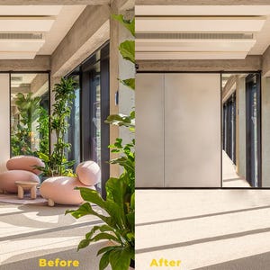 May include: A before and after image of an office space. The before image shows a conference room with a large screen and a seating area with two pink armchairs. The after image shows the same space with the seating area removed and the walls painted white.