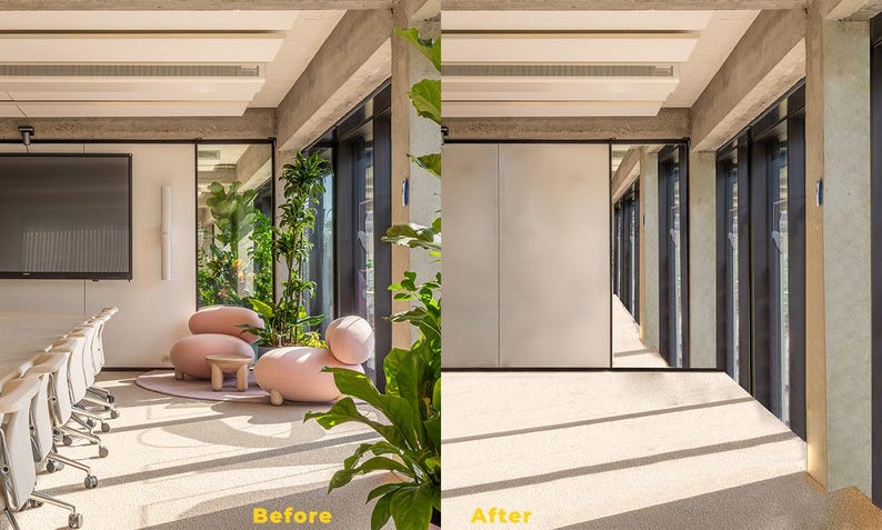 May include: A before and after image of an office space. The before image shows a conference room with a large screen and a seating area with two pink armchairs. The after image shows the same space with the seating area removed and the walls painted white.
