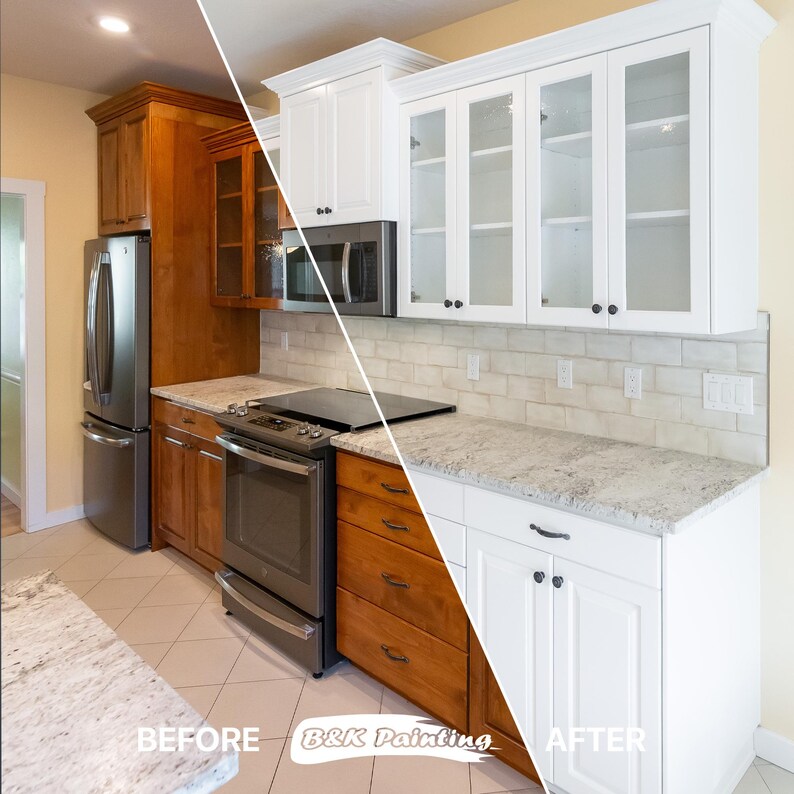 May include: Before and after kitchen cabinet painting. The cabinets were originally a dark wood color and were painted white. The countertops are a light gray granite. "B&K Painting" is written on the image.