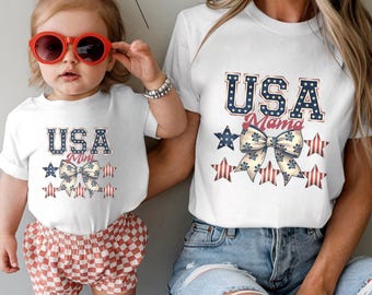 USA Mama & Daughter Matching Shirts, 4th of July Family Outfits, Patriotic Tees for Baby, Toddler and Mom, Bow Design, New Mom Gift, Vintage