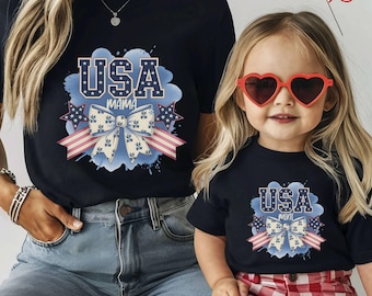 USA Mom & Daughter Matching 4th of July Shirts, Patriotic Bow Design, Family July 4th Outfits, Brushstroke Style, New Mom Gift, Baby Outfit