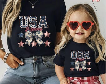 USA Mama & Daughter Matching Shirts, 4th of July Family Outfits, Patriotic Tees for Baby, Toddler and Mom, Bow Design, New Mom Gift, Vintage