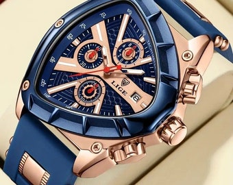 Orologio da uomo al quarzo impermeabile con cinturino in caucciù luminoso triangolo blu Lige