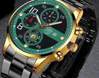 Orologio da uomo Deyross Orologio da polso a tre occhi al quarzo in acciaio inossidabile con quadrante verde nero e oro