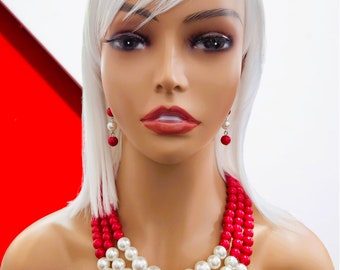 Delta Sigma Theta Farben Rot und Weiß Perlenkette Ohrringe Set