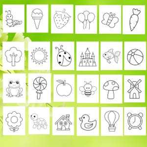 Pu&ograve; includere: Una pagina da colorare in bianco e nero con 16 immagini diverse, tra cui un bruco, un cono gelato, una fragola, palloncini, una farfalla, una carota, un albero, un sole, una coccinella, un castello, un pesce, una palla da spiaggia, una rana, un lecca-lecca, una mela, un'ape, un fungo, un mulino a vento, un fiore, una tartaruga, una casa, un'anatra, una mongolfiera e una sveglia.