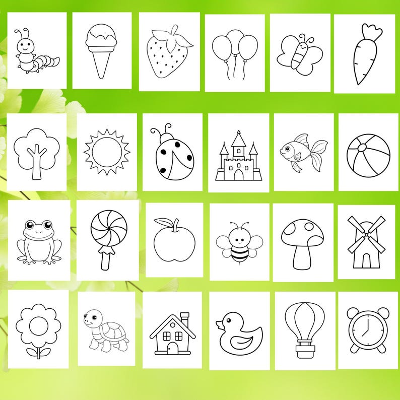 Pu&ograve; includere: Una pagina da colorare in bianco e nero con 16 immagini diverse, tra cui un bruco, un cono gelato, una fragola, palloncini, una farfalla, una carota, un albero, un sole, una coccinella, un castello, un pesce, una palla da spiaggia, una rana, un lecca-lecca, una mela, un'ape, un fungo, un mulino a vento, un fiore, una tartaruga, una casa, un'anatra, una mongolfiera e una sveglia.