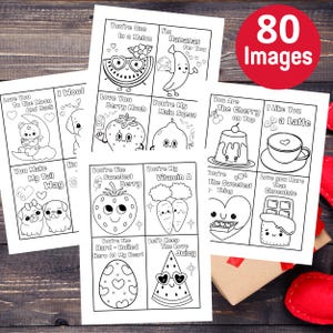 May include: A set of 80 printable Valentine's Day cards featuring cute illustrations of food and animals with puns. The cards are black and white and ready to be colored.