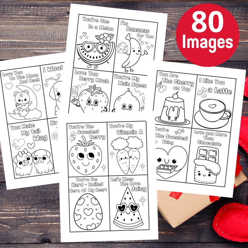 May include: A set of 80 printable Valentine's Day cards featuring cute illustrations of food and animals with puns. The cards are black and white and ready to be colored.