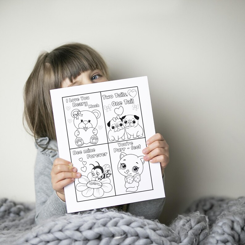 May include: A printable coloring page with four Valentine's Day themed illustrations. Each illustration features a cute animal with a Valentine's Day message. The messages are: "I love you beary much", "Two tails, one tail", "Bee mine forever", and "You're purrfect".